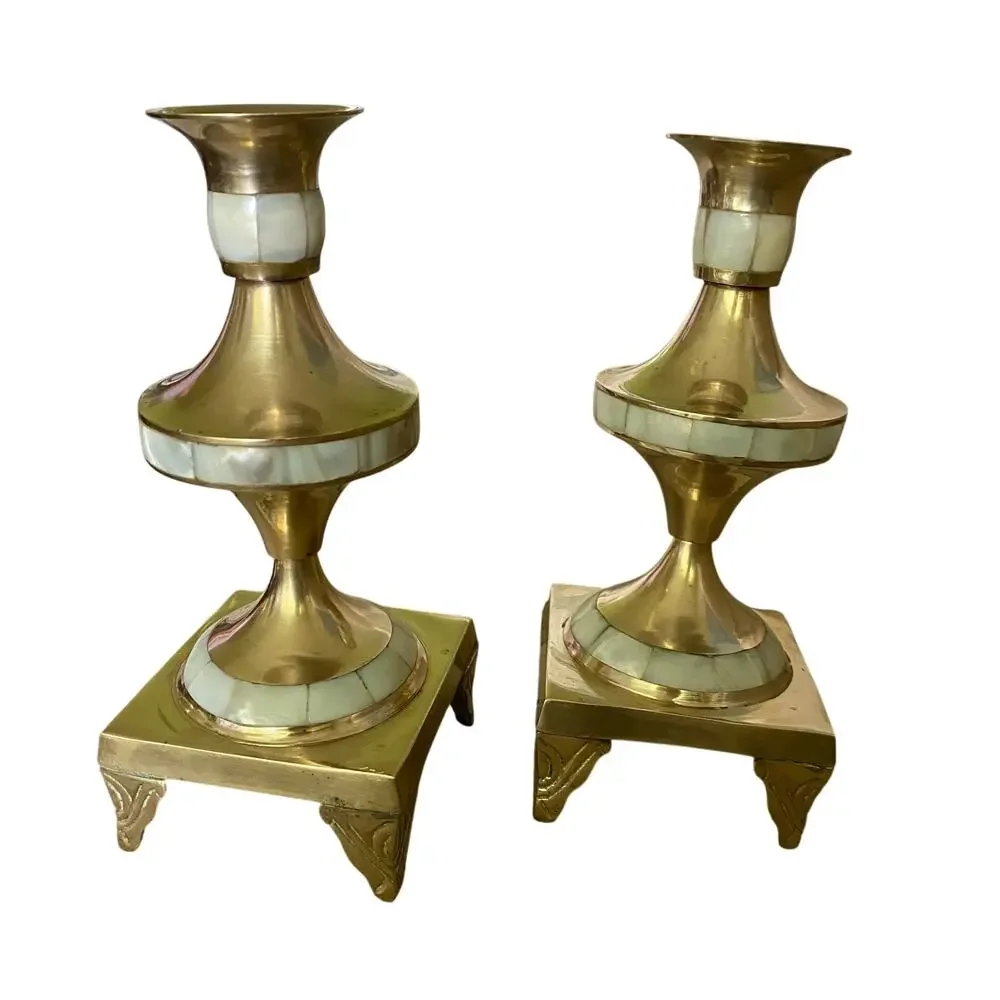 Set of TWO Heavy Brass Candlestick Holders Adorned with Mother of Pearl Shells